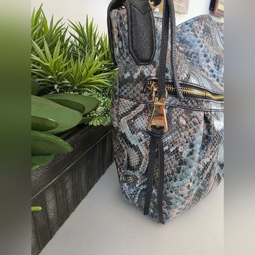 Aimee Kestenberg Snakeskin Embossed Leather Hobo Bag Gray Black Pale Blue - Picture 5 of 16